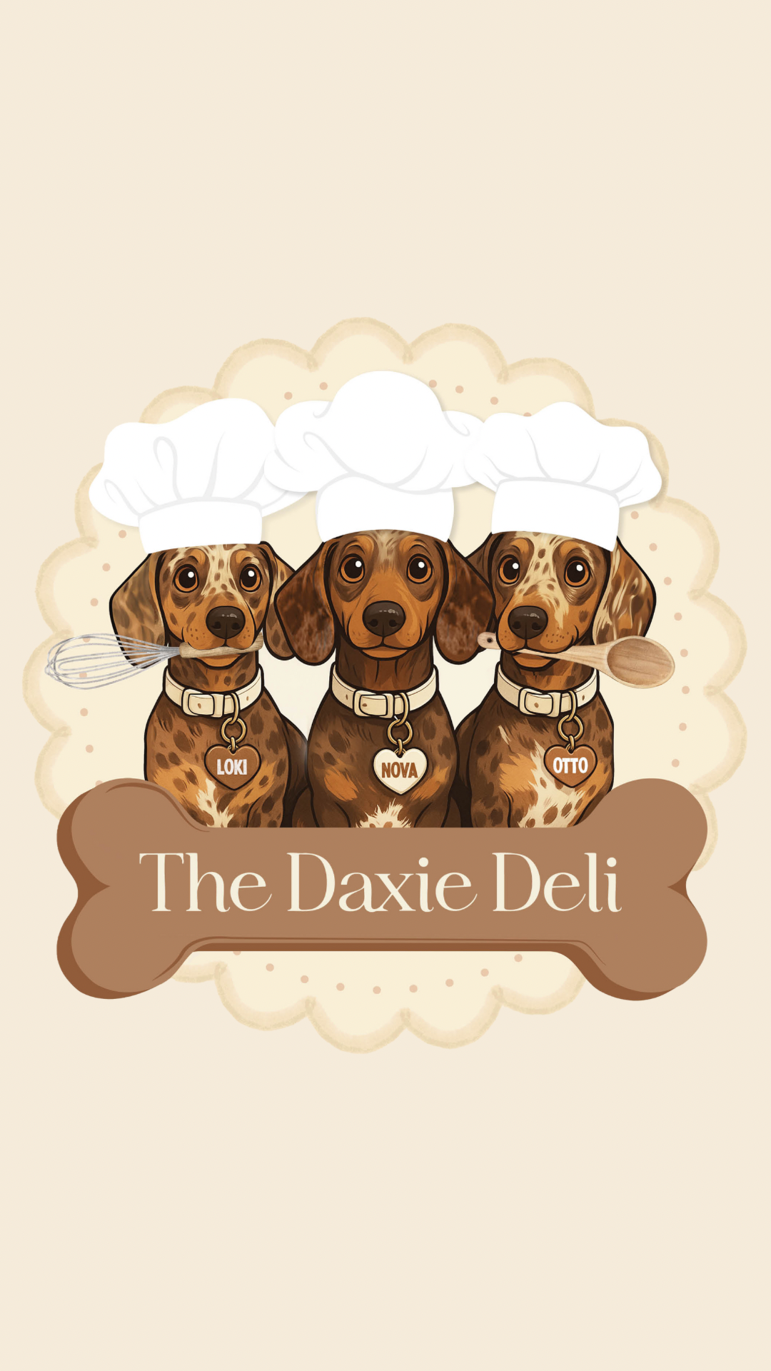 Three dachshunds wearing chef hats with 'The Daxie Deli' text on a bone-shaped sign.